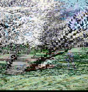 Evelyn Metzger (NY,Brazil,1911-2007) oil painting: ARTIST: Evelyn Borchard Metzger (New York, Brazilian, 1911 - 2007) TITLE: Central Park Landscape with Blooming Trees YEAR: 1994 MEDIUM: oil on board CONDITION: