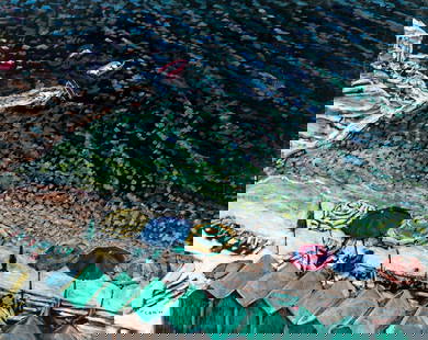 Evelyn Metzger (NY,Brazil,1911-2007) oil painting: ARTIST: Evelyn Borchard Metzger (New York, Brazilian, 1911 - 2007) TITLE: Capri Beach Scene, Italy (titled on verso) YEAR: 2000 MEDIUM: oil on board CONDITION:<