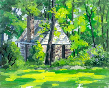 George Holloway (NJ,20C) oil painting: ARTIST: George Holloway (New Jersey, 20 century) TITLE: Forest Landscape with House MEDIUM: oil on canvas board CONDITION: Very good. No visible inpaint under UV light. <