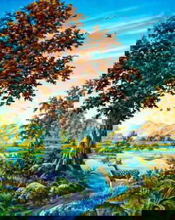 Michael Fishel (US,20C) oil painting: ARTIST: Michael Fishel (American, 20 century) TITLE: Mountain River Landscape with Deer YEAR: 1980 MEDIUM: oil on canvas CONDITION: Unstretched (In-House