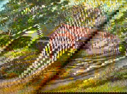 Bunny Hammer (PA,mid 20C) oil painting: ARTIST: Bunny Hammer (Pennsylvania, mid 20 century) TITLE: Landscape with Covered Bridge MEDIUM: oil on canvas CONDITION: Few minor paint losses. No visible inpaint under UV