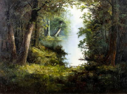 Ron Williams (TN,1947-2016) oil painting: ARTIST: Ron Williams (Tennessee, 1947 - 2016) TITLE: Forest Lake Landscape MEDIUM: oil on canvas CONDITION: Very good. No visible inpaint under UV light. Normal wear along