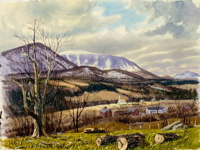 Edward Tomasiewicz (MA,1919-2006) watercolor painting 2-sided: ARTIST: Edward Andrew Tomasiewicz (Massachusetts, 1919 - 2006) TITLE: Mountain Coutry Landscape MEDIUM: watercolor on heavy paper CONDITION: Some age toning. AR