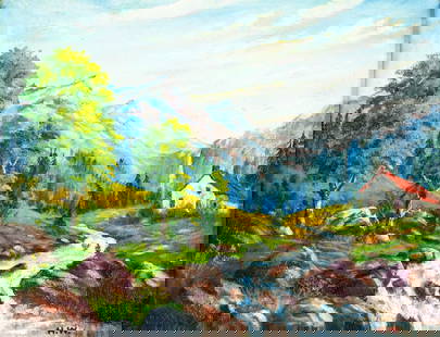 H Whitworth (US,20C) oil painting: ARTIST: H Whitworth (American, 20 century) TITLE: Mountain River Landscape MEDIUM: oil on canvas CONDITION: Very good. No visible inpaint under UV light. Small damages to fr