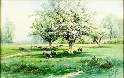 Carl Weber (PA,German,1850-1921) watercolor painting antique: ARTIST: Carl Philipp Weber (Germany, Pennsylvania, 1850 - 1921) TITLE: Countryside Landscape with Flock of Sheep MEDIUM: watercolor on paper CONDITION: Some age toning. Fr