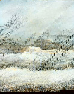 David Knowlton III (CA,VA,1941-2021) oil painting: ARTIST: David Knowlton III (California, Virginia, 1941 - 2021) TITLE: Winter Landscape MEDIUM: oil on board CONDITION: Minor damages to the upper corners. Few minor faint