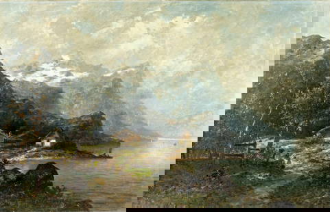 Antique early 20C German oil painting signed: ARTIST: - (Germany, early 20 century) TITLE: Alpine Village Landscape MEDIUM: oil on canvas CONDITION: One small patch-repaired tear with corresponding paint losses. One n