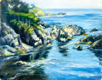 Vintage 20C Californian oil painting: ARTIST: - (California, 20 century) TITLE: Coastal Landscape MEDIUM: oil on canvas. Canvas applied to board. CONDITION: Missing a few flakes of paint. No visible inpaint un