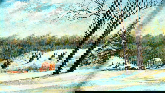 Robert Griffith (IN,mid 20C) oil painting: ARTIST: Robert Griffith (Indiana, mid 20 century) TITLE: Landscape - Mishawaka Hills, IN (titled on verso) YEAR: 1965 MEDIUM: oil on canvas board CONDITION: