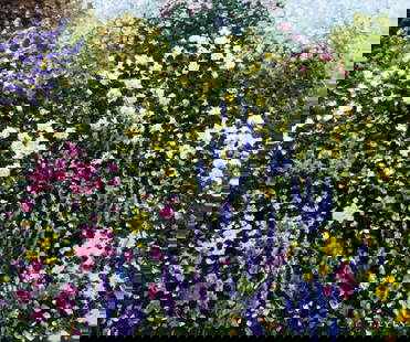 Joanna Lyly Wang (US,China,20C) oil painting: ARTIST: Joanna Lyly Wang (American, Chinese, 20 century) TITLE: Flower Garden Landscape MEDIUM: oil on canvas CONDITION: Unstretched (In-House stretching available). Few ver