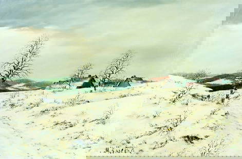 Miroslav Kucera (Czech,1910-?) oil painting: ARTIST: Miroslav Kucera (Czech Republic, 1910 - ???) TITLE: Winter Village Landscape MEDIUM: oil on canvas CONDITION: Unstretched (In-House stretching available). Few very