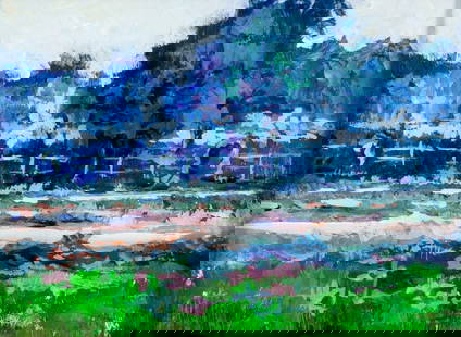 Gene Hege (NC,1940-2003) acrylic painting: ARTIST: Gene Hege (North Carolina, 1940 - 2003) TITLE: Garden Gate (titled on label) MEDIUM: acrylic on board CONDITION: Very good. No visible inpaint under UV light. Fram