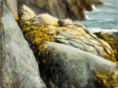 Robert Angeloch (NY,1922-2011) oil painting: ARTIST: Robert Henry Angeloch (New York, 1922 - 2011) TITLE: Low Tide (titled on verso) MEDIUM: oil on board CONDITION: Some faint scratches. No visible inpaint under UV l