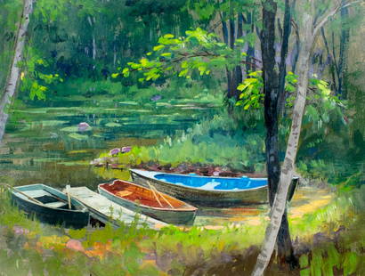 McCabe (US,mid 20C) oil painting: ARTIST: McCabe (American, mid 20 century) TITLE: Pond Landscape with Boats MEDIUM: oil on board CONDITION: Missing one flake of paint. No visible inpaint under UV light.