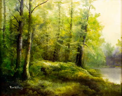 Ron Williams (TN,1947-2016) oil painting: ARTIST: Ron Williams (Tennessee, 1947 - 2016) TITLE: Forest Lake Landscape MEDIUM: oil on canvas CONDITION: Very good. No visible inpaint under UV light. Wear to frame.