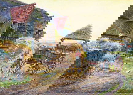 Antique early 20C British oil painting: ARTIST: - (United Kingdom, early 20 century) TITLE: Farm Scene MEDIUM: watercolor on paper CONDITION: Minor age toning. Framed under glass. Wear to frame. ART S