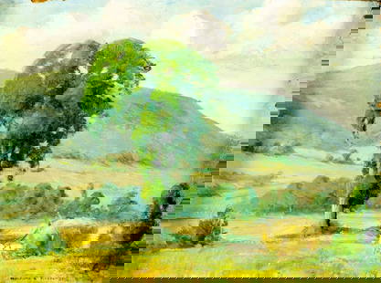 Howard Hastings (NJ,NY,1887-1955) oil painting antique: ARTIST: Howard Livingston Hastings (New Jersey, New Yok, 1887 - 1955) TITLE: Landscape with Horse Cart MEDIUM: oil on board CONDITION: Few small paint losses along edges.