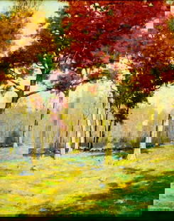 Fred Daniels (MA,NY,1872-?) oil painting antique: ARTIST: Fred Hamilton Daniels (Massachusetts, New York, 1872 - ???) TITLE: Autumn Oak at Lexington, MA (titled on verso) YEAR: 1927 MEDIUM: oil on board CONDITI
