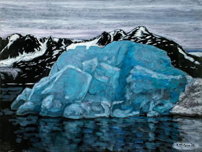 Evelyn Metzger (NY,Brazil,1911-2007) oil painting: ARTIST: Evelyn Borchard Metzger (New York, Brazilian, 1911 - 2007) TITLE: Norway Arctic Landscape - Blue Iceberg (titled on verso) YEAR: 1995 MEDIUM: oil on board