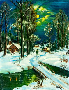 J Duft (US,early 20C) oil painting antique: ARTIST: J Duft (American, early 20 century) TITLE: Moonlit Village Scene MEDIUM: oil on canvas CONDITION: Two patches. Some small paint losses. Minor craquelure. No visible