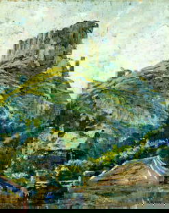 Robert Sewell (NY,CA,1860-1924) oil painting antique: ARTIST: Robert Van Vorst Sewell (New York, California, 1860 - 1924) TITLE: Mountain Village Landscape MEDIUM: oil on canvas board CONDITION: Some scratches/paint losses. S