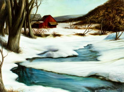 W Pater (US,20C) oil painting: ARTIST: W Pater (American, 20 century) TITLE: Winter Stream Landscape MEDIUM: oil on canvas CONDITION: Few very minor paint losses along the left edge. Minor craquelure. No