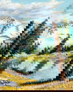 Vintage 20C American oil painting: ARTIST: - (American, 20 century) NAME: Landscape - Mt Rainier, Washington (titled on stretcher) MEDIUM: oil on canvas CONDITION: Minor craquelure. No visible inpaint under UV light. SIGHT