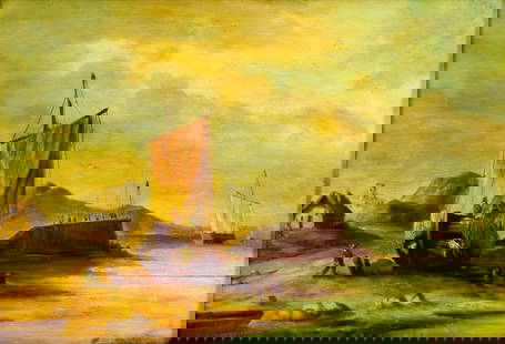 Antique 19C European oil painting: ARTIST: - (Europe, 19 century) TITLE: Coastal Landscape with Sailboats MEDIUM: oil on board CONDITION: One horizontal crack 8" long. Some paint losses. Some scattered smal