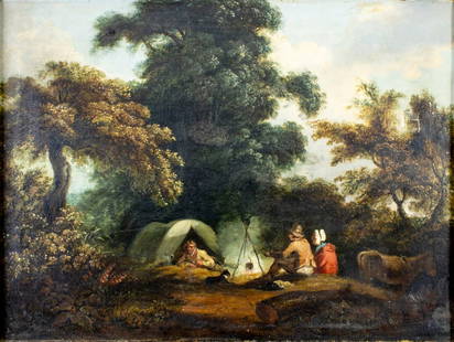 Joseph Fussell (UK,CA,1818-1912) oil painting antique: ARTIST: Joseph Fussell (United Kingdom, California, 1818 - 1912) TITLE: Campfire Landscape MEDIUM: oil on canvas CONDITION: Relined. Some repaired tears. Some paint losses