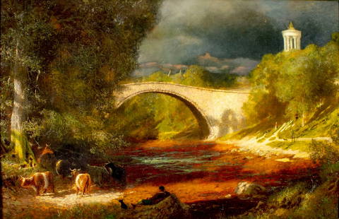 Antique 19C European oil painting: ARTIST: - (Europe, 19 century) TITLE: River Landscape with Cows MEDIUM: oil on canvas CONDITION: Few patches. Some flaking/paint losses mostly in the upper right quadrant. Some craquelure. Some
