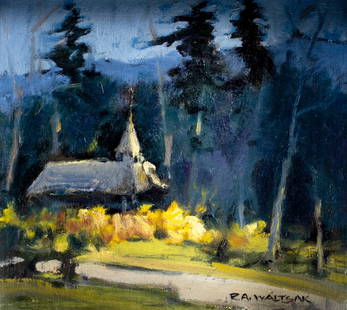 Robert Waltsak (NJ,b 1944) oil painting: ARTIST: Robert Alan Waltsak (New Jersey, born 1944) TITLE: Forest Landscape with Church MEDIUM: oil on canvas board CONDITION: Very good. No visible inpaint under UV light.