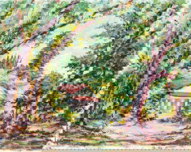 Samuel J Brokato (FL,20C) oil painting: ARTIST: Samuel J Brokato (Florida, 20 century) TITLE: Landscape MEDIUM: oil on canvas board CONDITION: Missing a few flakes of paint. No visible inpaint under UV light. ART SIZE: 16 x 20 inches / 40
