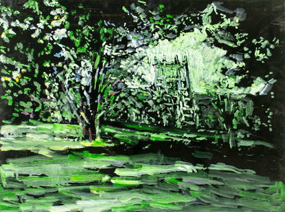 Evelyn Metzger (NY,Brazil,1911-2007) oil painting: ARTIST: Evelyn Borchard Metzger (New York, Brazilian, 1911 - 2007) TITLE: Garden Landscape MEDIUM: oil on board CONDITION: Some faint scratches mostly along the upper edge