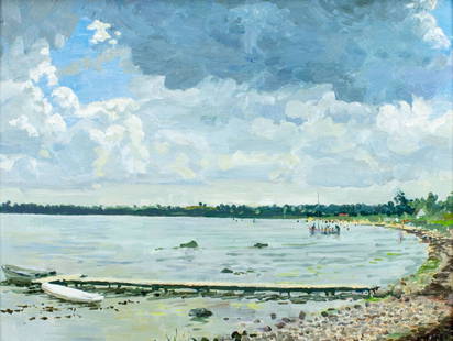 Nikolaus Stortenbecker (German,b 1940) oil painting: ARTIST: Nikolaus Stortenbecker (Germany, born 1940) TITLE: Lake Landscape YEAR: 2003 MEDIUM: oil on board CONDITION: Very good. No visible inpaint under UV light. ART SIZE: 12 x 16 inches / 30 x 40