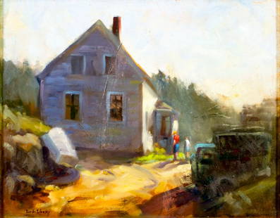 Vintage 20C American oil painting signed: ARTIST: - (American, 20 century) TITLE: Landscape with Farmhouse MEDIUM: oil on canvas board CONDITION: Overall good. No visible inpaint under UV light. Some small damages