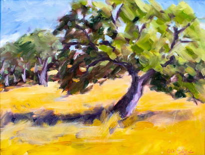 Cindy Olson Ridge (US,20/21C) oil painting: ARTIST: Cindy Olson Ridge (American, 20/21 centuries) TITLE: Landscape - Tree Study (titled on verso) YEAR: 2008 MEDIUM: oil on canvas. Canvas applied to board. C