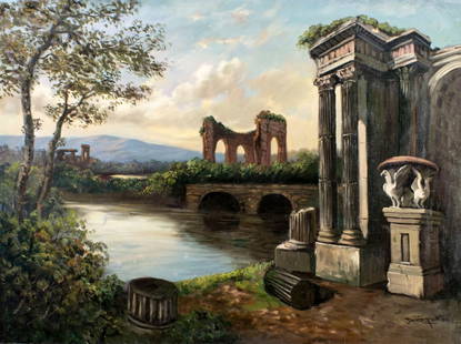 Jacob Parker (Europe,20C) oil painting: ARTIST: Jacob Parker (European, 20 century) TITLE: River Landscape with Ruins MEDIUM: oil on canvas CONDITION: Unstretched (In-House stretching available). Some paint losses