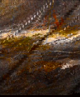 ATTR Julian Rix (CA,VT,1850-1903) oil painting antique: ARTIST: ATTRIBUTED TO Julian Walbridge Rix (California, Vermont, 1850 - 1903) TITLE: Autumn Forest Landscape MEDIUM: oil on board CONDITION: Some repaired tears in the upp
