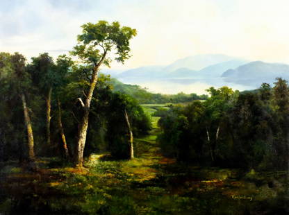 Ron Williams (TN,1947-2016) oil painting: ARTIST: Ron Williams (Tennessee, 1947 - 2016) TITLE: Mountain Lake Landscape MEDIUM: oil on canvas CONDITION: Overall good. No visible inpaint under UV light. Normal wear