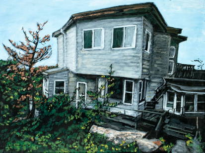 Evelyn Metzger (NY,Brazil,1911-2007) oil painting: ARTIST: Evelyn Borchard Metzger (New York, Brazilian, 1911 - 2007) TITLE: Landscape with House YEAR: 1998 MEDIUM: oil on board CONDITION: Few small scr