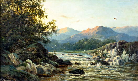 Louis Eugene Leroux (France,1833-1905) oil painting antique: ARTIST: Louis Eugene Leroux (French, 1833 - 1905) TITLE: River Landscape MEDIUM: oil on canvas CONDITION: Few small patches. Small paint losses. Some stable craquelure. Fe