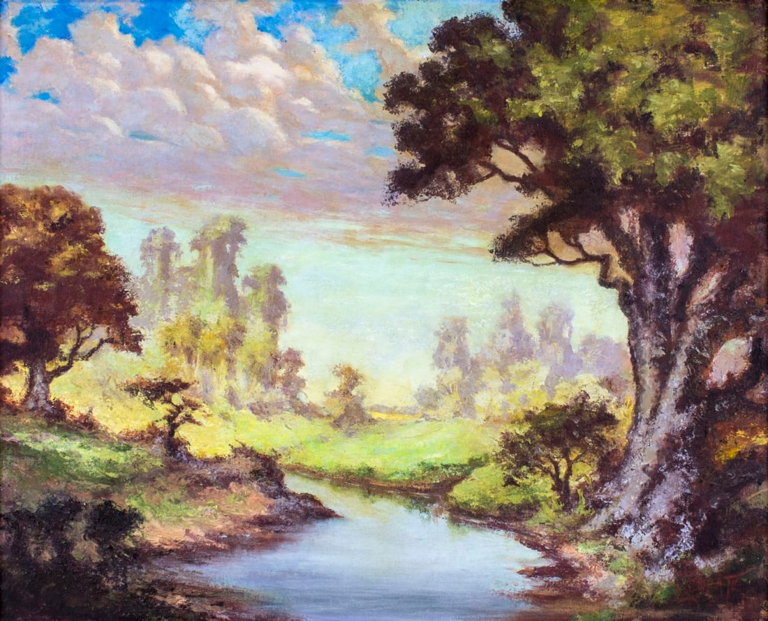 Samuel J Brokato (FL,20C) oil painting: ARTIST: Samuel J Brokato (Florida, 20 century) TITLE: River Landscape MEDIUM: oil on canvas board CONDITION: Some flaking/minor paint losses. Some craquelure. No visible inp