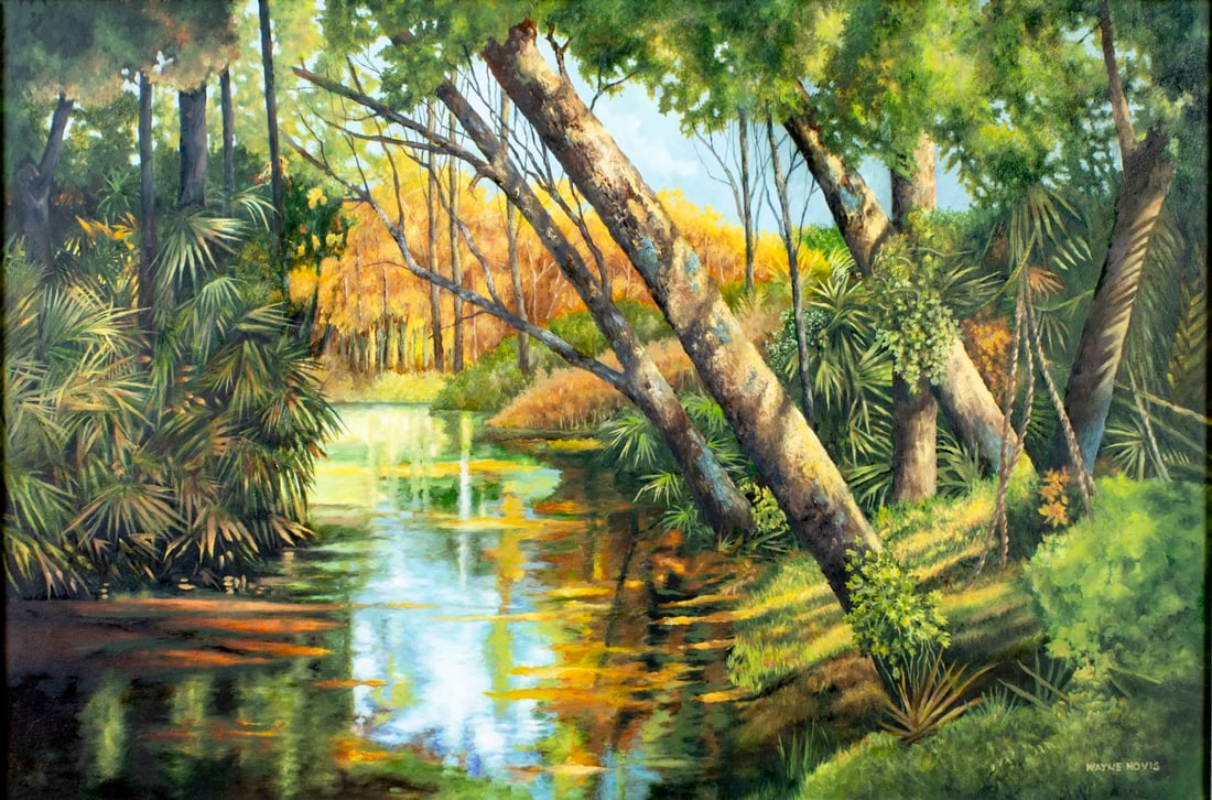 Wayne Hovis (FL,20C) oil painting: ARTIST: Wayne Hovis (Florida, 20 century) TITLE: Forest River Landscape MEDIUM: oil on canvas CONDITION: Very good. No visible inpaint under UV light. Wear to frame.