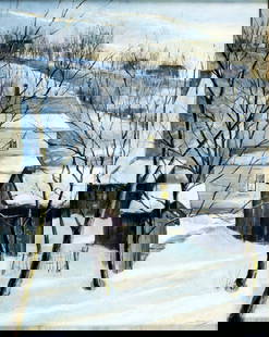 Bowler (US,20C) oil painting: ARTIST: Bowler (American, 20 century) TITLE: Winter Village Landscape MEDIUM: oil on canvas CONDITION: Overall good. No visible inpaint under UV light. ART SIZE:<