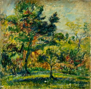 Clara Klinghoffer (NY,UK,Austria,1900-1970) oil painting: ARTIST: Clara Klinghoffer (New York, United Kingdom, Austrian, 1900 - 1970) TITLE: Forest Landscape MEDIUM: oil on canvas CONDITION: Unstretched (In-House stretching avail