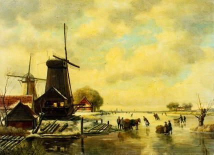Vintage mid 20C European oil painting: ARTIST: - (European, mid 20 century) TITLE: Country Windmill Landscape MEDIUM: oil on canvas CONDITION: Few minor paint losses. Minor craquelure. No visible inpaint under