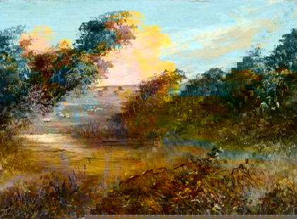 Ida Beatrice Mead (CA,1882-1983) oil painting antique: ARTIST: Ida Beatrice Mead (California, 1882 - 1983) TITLE: Autumn Countryside Landscape YEAR: 1912 MEDIUM: oil on canvas CONDITION: Relined. Few very m