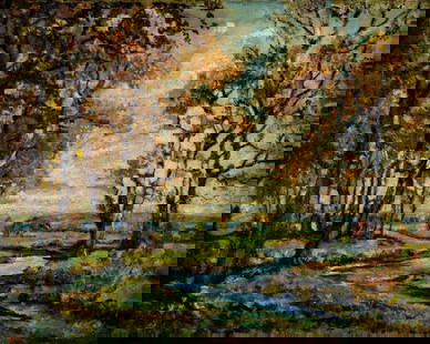 Vintage mid 20C American oil painting signed: ARTIST: - (American, mid 20 century) TITLE: Autumn Stream Landscape MEDIUM: oil on canvas CONDITION: Two small patches. Few minor paint losses in the lower right quadrant