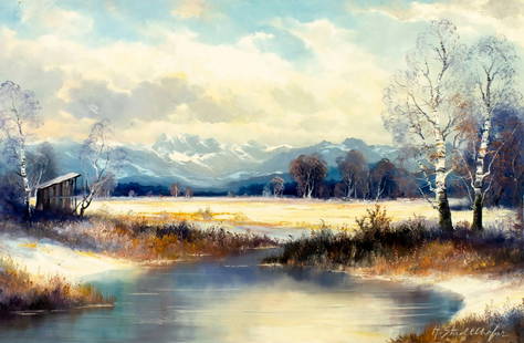 Helmut Stadelhofer (German,1914-1979) oil painting: ARTIST: Helmut Stadelhofer (Germany, 1914 - 1979) TITLE: Mountain Lake Landscape MEDIUM: oil on canvas CONDITION: Unstretched (In-House stretching available). Few small p