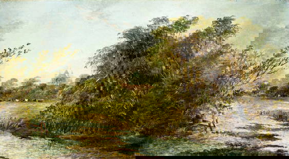 Clifford Montague (UK,1845-1901) oil painting antique: ARTIST: Clifford Montague (British, 1845 - 1901) TITLE: River Landscape MEDIUM: oil on canvas CONDITION: Relined. Few minor paint losses. Minor craquelure. No visible inpa